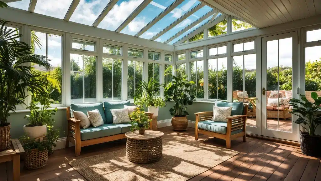 Bright conservatory with glass ceiling, teal cushioned seating, wooden furniture, and lush indoor plants.