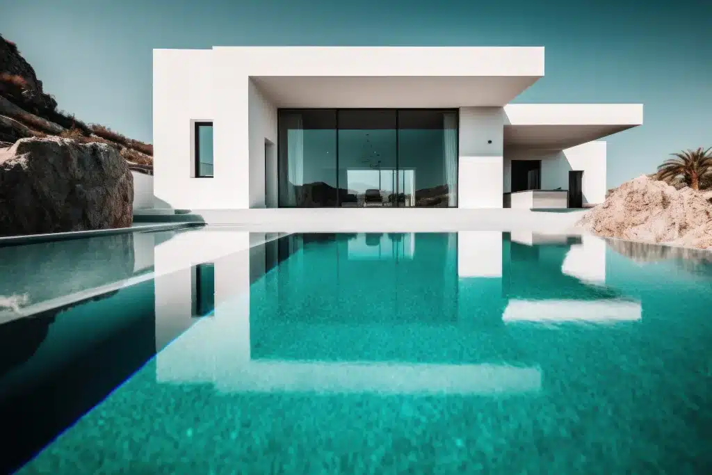 Modern white villa with large glass doors overlooking a turquoise infinity pool under a clear sky.