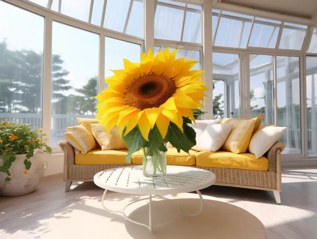 Bright sunflower in a glass vase on a white coffee table in a sunlit conservatory with yellow cushions on a wicker sofa.
