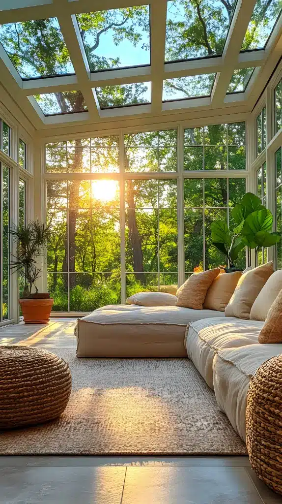 Sunlit conservatory with beige sectional sofa, woven ottoman, and green plants overlooking a forest at sunset.